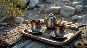 ai generado al aire libre aventuras con inoxidable acero tetera y tazas en Iniciar sesión foto