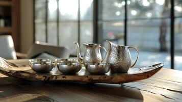 ai generado contemporáneo tetera y tazas en natural madera bandeja foto