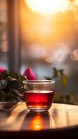 AI generated Warm Tea Glow with Sunset and Blooming Rose Backdrop photo