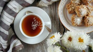 AI generated Tea Time Elegance with Fresh Daisies and Homemade Treats photo