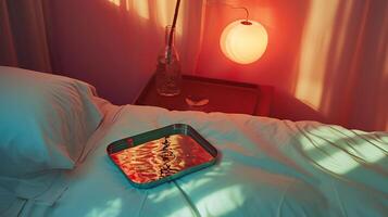 AI generated Warm Bedroom Ambiance with Red Accent Light and Reflective Tray photo