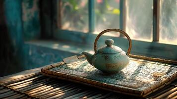AI generated Traditional Ceramic Teapot on Woven Bamboo Mat photo