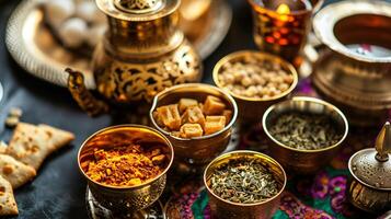 AI generated Exotic Spices and Tea in Ornate Golden Bowls photo