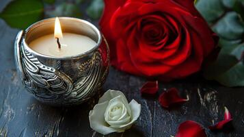 AI generated Scented Candle and Fresh Roses on Dark Wooden Table photo