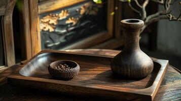 AI generated Traditional Ceramic Vase and Bowl on Wooden Serving Tray photo