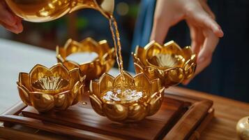 AI generated Pouring Oil into Elegant Metallic Lotus Lamps photo