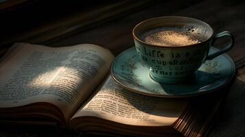 ai generado inspirador citar en taza para té con luz de sol en un abierto libro foto