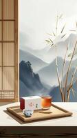 AI generated Modern Asian Tea Set with a Serene Nature View photo