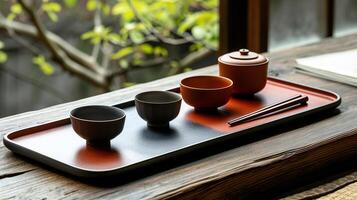ai generado tradicional té ceremonia conjunto en de madera mesa foto