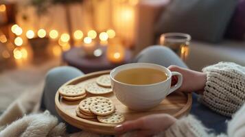 AI generated Cozy Evening Tea Time with Cookies and Soft Lights photo