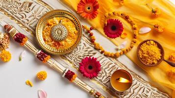 ai generado festivo indio ritual bandeja con flores y incienso foto