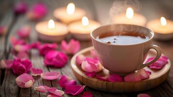 AI generated Steaming Rose Tea Cup on Wooden Table with Candles photo
