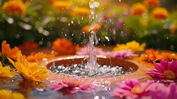 AI generated Gentle Rainfall on Colorful Gerberas in a Water Basin photo