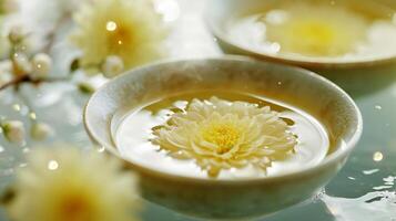 AI generated Elegant White Chrysanthemum Floating in a Serene Bowl of Water photo
