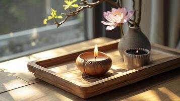 AI generated Sunlit Wooden Tray with Candle and Blossom photo