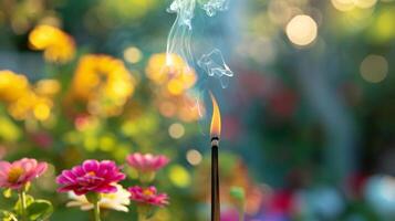 AI generated Lone Incense Stick Burning Amidst Vivid Garden Flowers photo