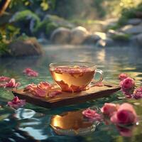 AI generated Romantic Rose Petal Tea Floating on a Calm Pond photo