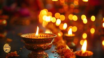 AI generated Golden Diya Lights Festively Gleaming Amongst Petals photo