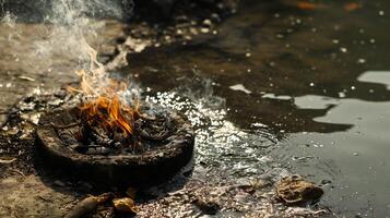 AI generated Crackling Fire on a Tire by a Glistening Stream photo