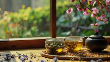 ai generado pacífico verde té ceremonia junto a floreciente ventana foto