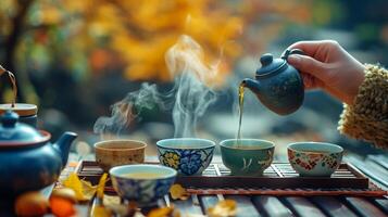 AI generated Traditional Tea Pouring Ceremony with Autumn Leaves photo