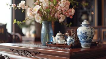ai generado Clásico té conjunto con floreciente flores en mesa foto