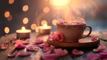 AI generated Enchanting Tea Cup with Rose Petals and Candles photo