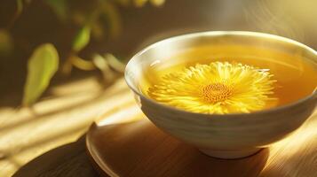 AI generated Single Yellow Flower in a White Bowl on Bamboo Mat photo