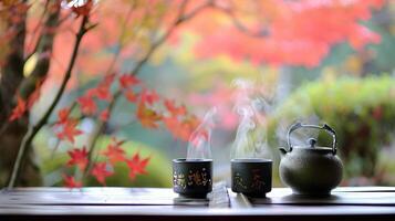 AI generated Steamy Tea Moment in Tranquil Autumn Garden Setting photo