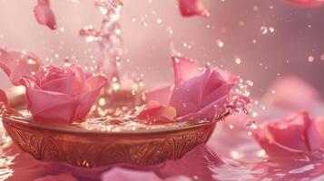 AI generated Ethereal Pink Roses Floating in Golden Water Bowl photo