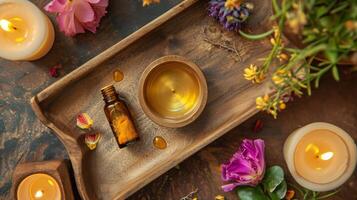 AI generated Aromatic Oil and Candle on Rustic Wooden Tray photo