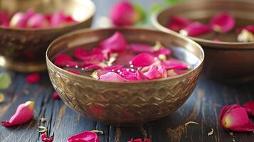 AI generated Scattered Rose Petals in Brass Bowl with Artistic Carvings photo