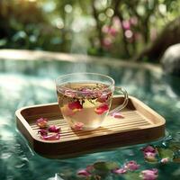 AI generated Tranquil Tea Time on Bamboo Tray Over Water photo