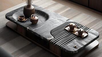 AI generated Modern Tea Set on a Striped Marble Table photo