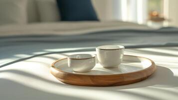 ai generado minimalista Mañana café conjunto en blanco cama lino foto