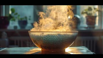 AI generated Morning Light Illuminates Steam Over a Textured Bowl photo