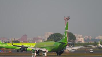 NOVOSIBIRSK, RUSSIAN FEDERATION - JUNE 17, 2020. Passenger plane Boeing 737, VQ-BVL of S7 Airlines on the runway. Flight departure video