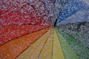 a rainbow colored umbrella with snow on it photo