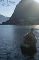 a large statue of bottle in the water photo