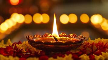 AI generated Traditional Oil Lamp Illuminating a Floral Diwali Decor photo