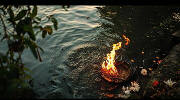 AI generated Serene River Scene with Floating Flames and Foliage photo