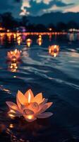 AI generated Lit Water Lilies Creating a Path of Light at Night photo