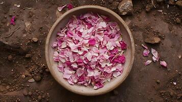 AI generated Shades of Pink Petals Gathered in Earthy Bowl photo