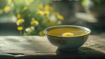 AI generated Tranquil Yellow Flower in Bowl with Sunlight and Shadow photo