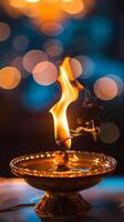 AI generated Vibrant Flame Dancing Atop a Traditional Oil Lamp photo