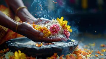 ai generado vibrante flor ofrendas en un ritual ceremonia con fumar foto