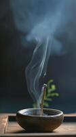 AI generated Soothing Incense Smoke Rising from Wooden Bowl photo