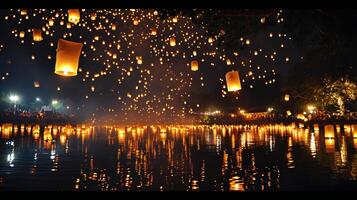 ai generado reflexivo aguas reluciente con cientos de flotante luces foto