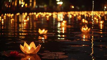 AI generated Soft Glow of Water Lanterns on a Festive Evening photo