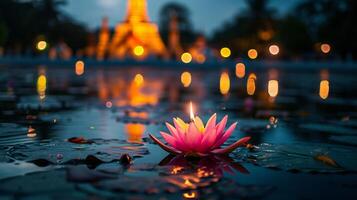 AI generated Lotus Candle Floating on Water with Temple Reflection photo